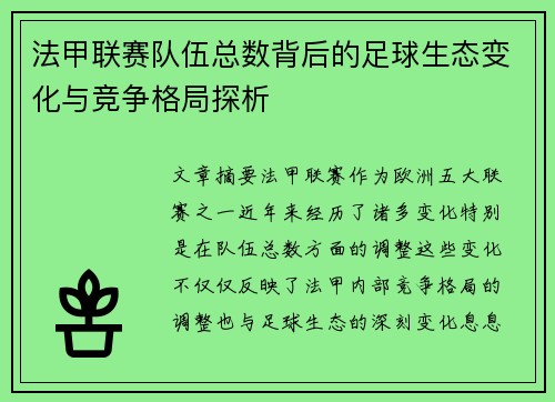 法甲联赛队伍总数背后的足球生态变化与竞争格局探析