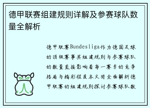 德甲联赛组建规则详解及参赛球队数量全解析