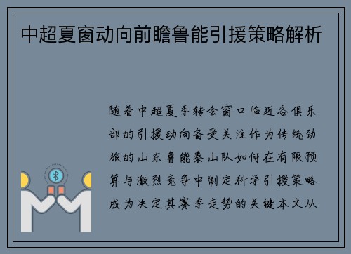 中超夏窗动向前瞻鲁能引援策略解析