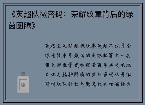 《英超队徽密码：荣耀纹章背后的绿茵图腾》