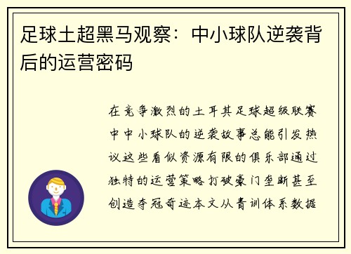 足球土超黑马观察：中小球队逆袭背后的运营密码
