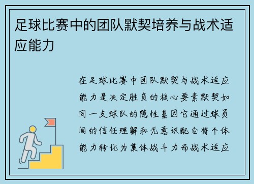 足球比赛中的团队默契培养与战术适应能力