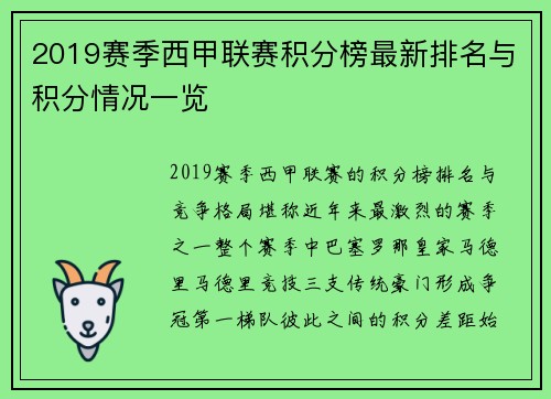 2019赛季西甲联赛积分榜最新排名与积分情况一览