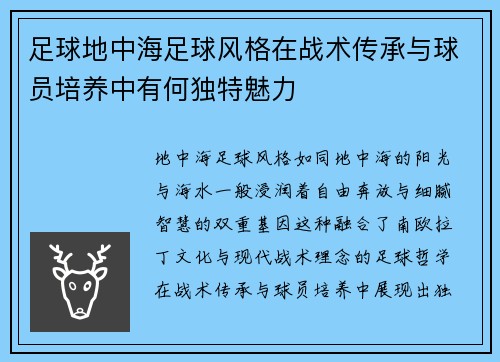 足球地中海足球风格在战术传承与球员培养中有何独特魅力